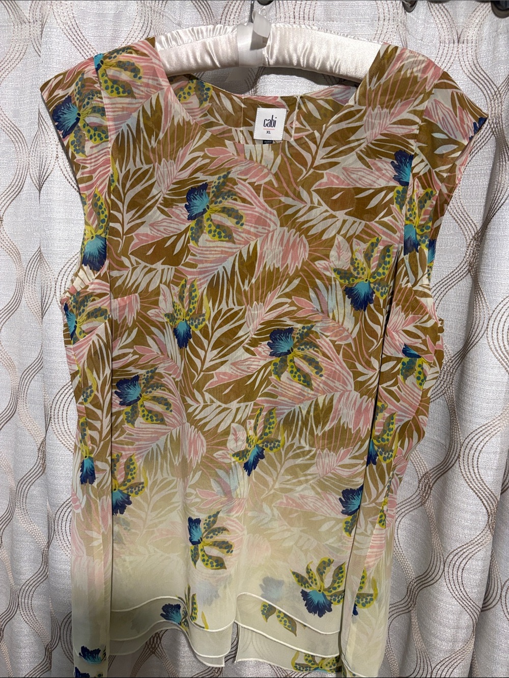CAbi Sheer Floral Cap-Sleeve Blouse in Olive, Pink and Blue